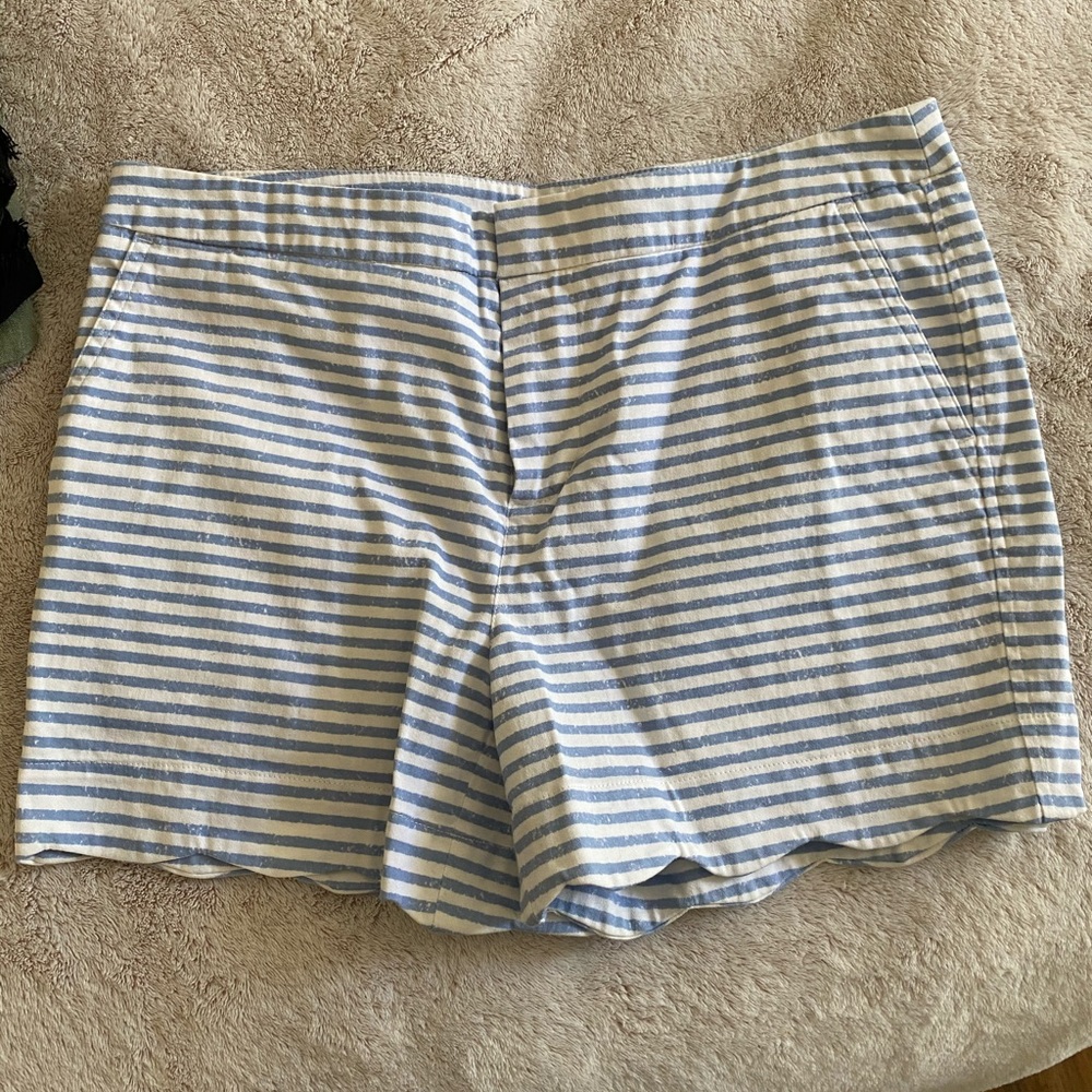 blue and white striped scalloped shorts